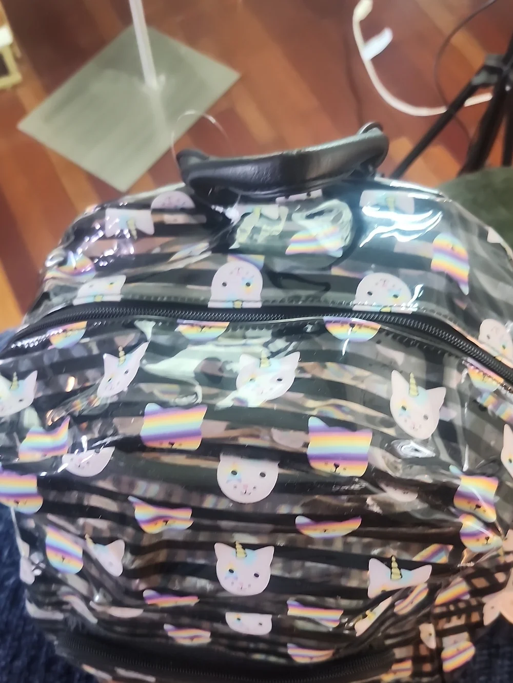 Betsey Johnson Rainbow Cat Unicorn Backpack - Pink & Black Transparent Stripes